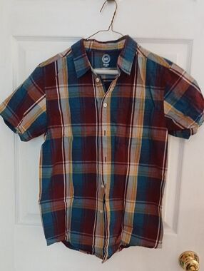 Boy's Short-Sleeve Plaid Shirt - Blue, Burgundy & Mustard